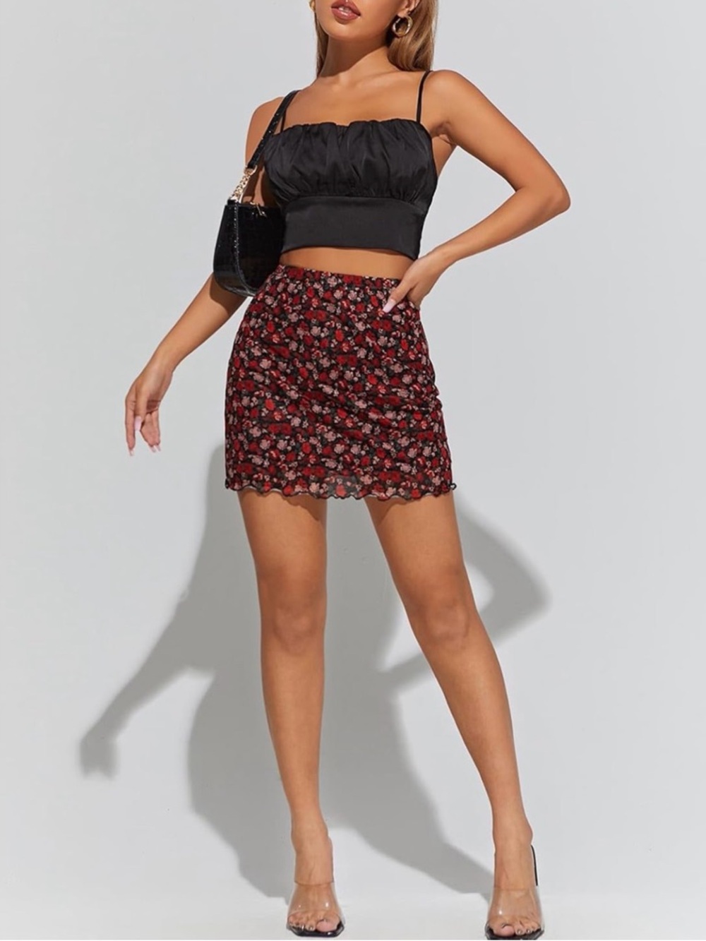 WDIRARA NWT Red & Pink Floral Mesh Mini Skirt Lettuce Trim High Waist Small